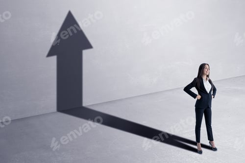 Preview: Success Concept With Happy Businesswoman And Black Growing Arrow As Her Shadow On Light Wall