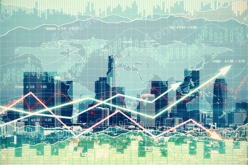 Preview: Double Explosure With Business Graph With Arrows And Financial City District
