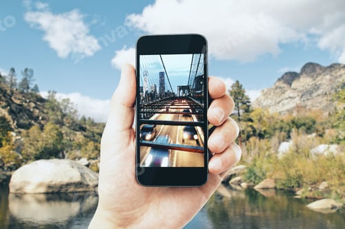 Preview: Hand Taking Photo Of City With Cellphone. Creative Background Concept