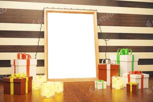 Preview: Blank Picture Frame With Gift Boxes And Candlesticks On Brown Floor, Mock Up