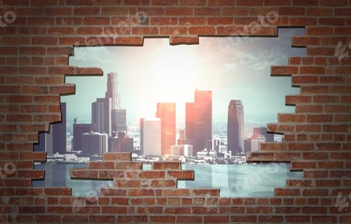 Preview: Broken Red Brick Wall With City View. Freedom Concept