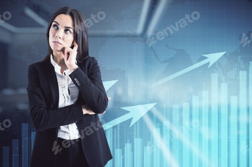 Preview: Startup And Success Goal Concept With Pensive Businesswoman On Virtual Screen Background With