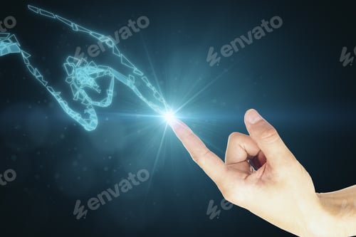 Preview: Creative Glowing Polygonal Hand Backdrop. Future And Innovation Background