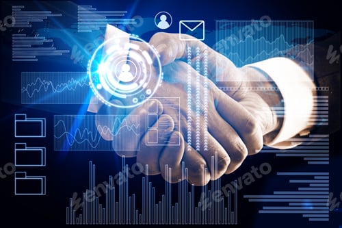 Preview: Close Up Of Handshake On Dark Background With Digital Business Interface. Finance And Teamwork