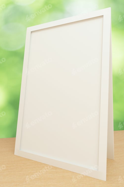 Preview: Blank White Picture Frame On Wooden Table, Mock Up