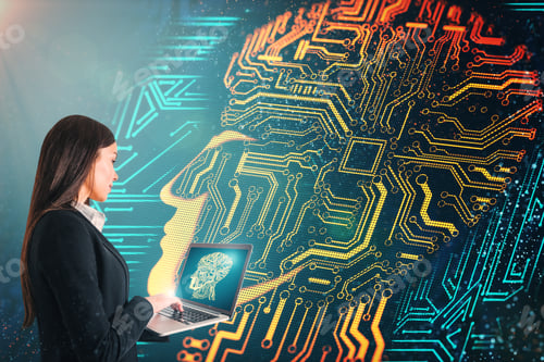 Preview: Young Businesswoman Using Laptop With Circuit Head. Software And Computing Concept.