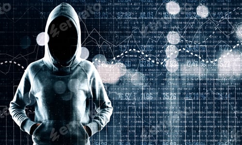 Preview: Hacker With Glowing Forex Interface On Blurry Bokeh Background. Malware And Invest Concept. Double