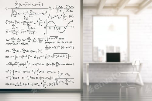 Preview: White Wall With Equations In Loft Room With White Table 3D Render