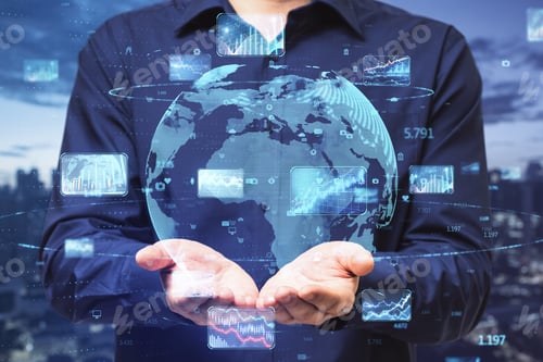 Preview: Close Up Of Male Hands Holding Abstract Globe With Forex Charts And Graphs On Blurry Night City