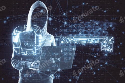 Preview: Hacker Holding Laptop With Digital Key And World Map Hologram. Hacking And Cyber Attack Concept
