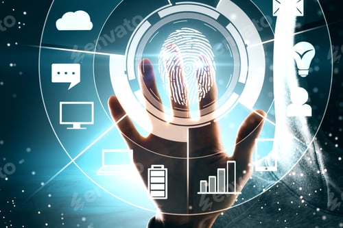 Preview: Hand Using Digital Business Interface With Finger Print On Blurry Background. Biometrics And User