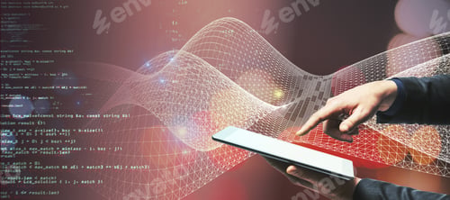 Vista previa: Close Up Of Businessman Hand Using Tablet With Abstract Coding And Digital Web Hologram On Pink