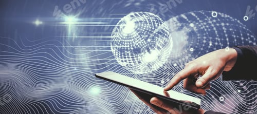 Preview: Businessman Hand Pointing At Tablet With Creative Glowing Polygonal Globe Interface On Blue