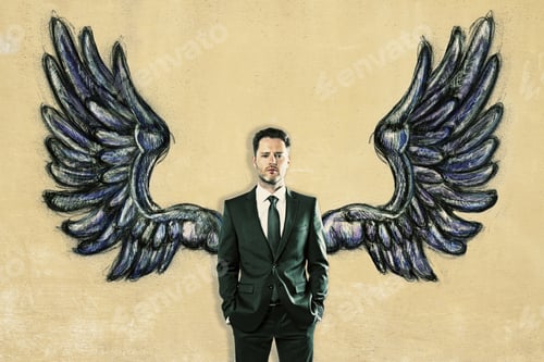 Preview: Businessman With Drawn Wings On Textured Background. Freedom Concept