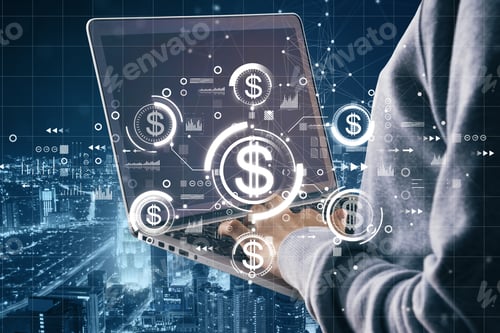 Preview: Close Up Of Hands Holding Laptop With Glowing Digital American Dollar Interface Hologram On Blurry