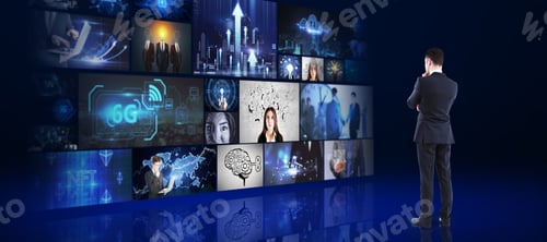 Preview: Young European Businessperson In Suit Looking At Media Picture Gallery. Digital Multimedia Concept
