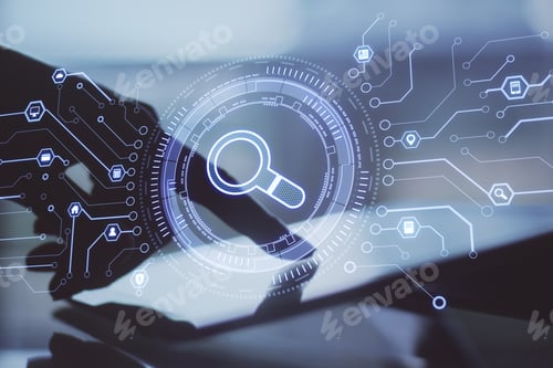 Preview: Scan Search Concept With Virtual Loupe Symbol Surrounded By Technological Internet Signs And