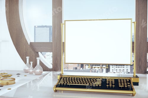 Preview: Steampunk Keyboard With Blank White Screen, Mock Up 3D Render