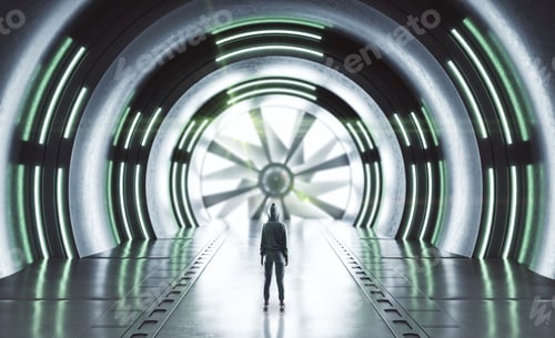 Preview: Hacker Standing In Futuristic Tunnel Interior With Neon Lamps. Future And Design Concept. Mock Up.