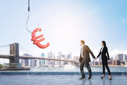 Preview: Businessman And Woman Running After Red Euro Sign On Hook On Beautiful Bright City Background