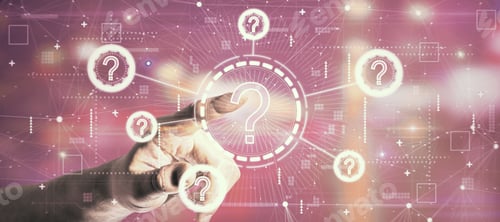 Preview: Hand Pointing At Creative Digital Questions Interface On Pink Background. Education, Problem And