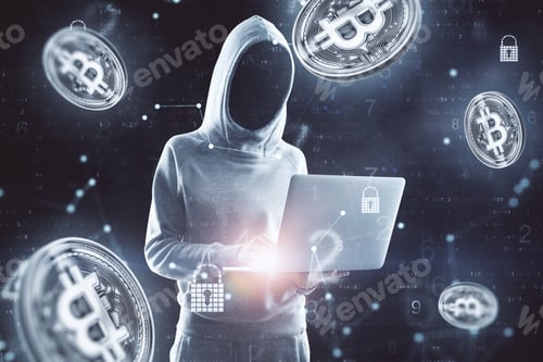 Preview: Hacker Working On Laptop With Flying Bitcoin Icon On Dark Background. Cryptocurrency And Payment