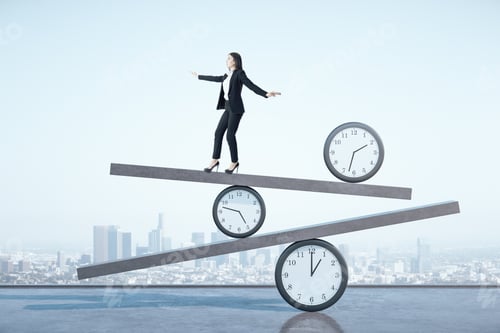 Preview: Businesswoman Walking On Scales On City Background. Business And Deadline Concept.