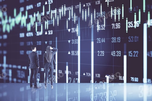 Preview: Businesspeople Looking Creative Stock Chart And Financial Analytics Hologram On Virtual Screen