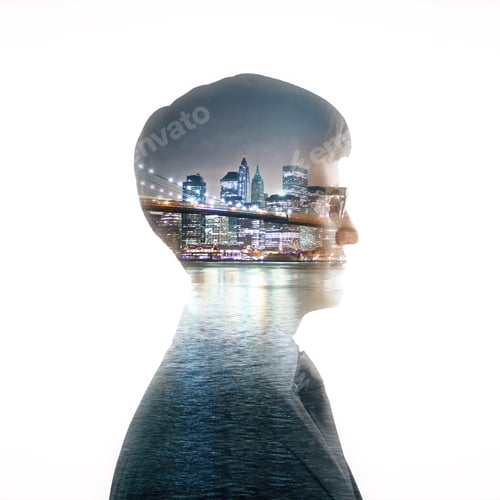Preview: Side Portrait Of Young Caucasian Businessman On Modern Night City Background. Double Exposure