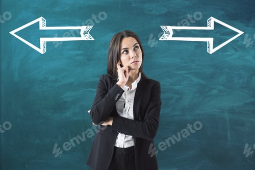 Preview: Businesswoman Standing Thinking Back Facing The Green Background With White Silhoette Arrows