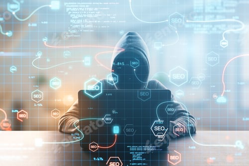 Preview: Hacker At Desktop Using Abstract Interface With Glowing Seo Hologram And Icons On Blurry