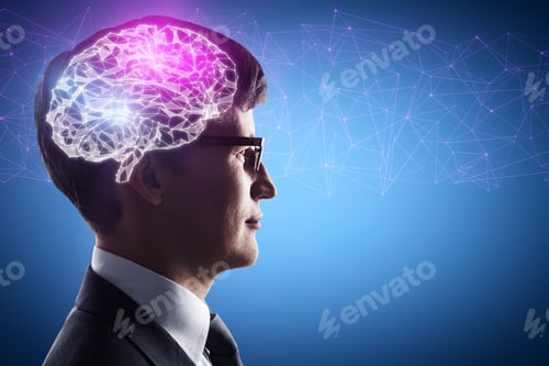 Preview: Portrait Of Young Businessman With Glowing Polygonal Brain On Blue Background. Artificial