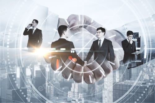 Preview: Close Up Of Men Shaking Hands On City Background With Digital Pattern. Business Technologies