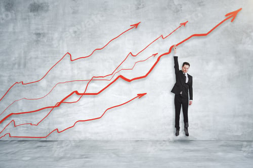 Preview: Businessman Hanging On Arrows On Abstract Concrete Background. Economy And Finance Concept