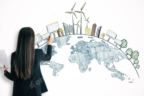 Preview: Businesswoman Drawing Creative Eco Globe Sketch On White Wall Background. Eco-Friendly And