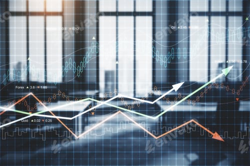 Preview: Blurry Office Interior With Forex Chart Arrows. Analysis And Market Concept. Double Exposure