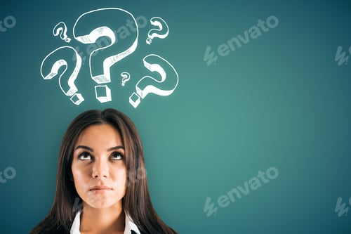 Preview: Portrait Of Attractive Young European Businesswoman With Question Mark Drawings On Green