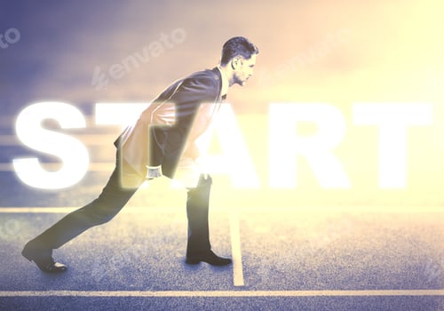 Preview: Businessman Standing On Running Track For Athletics With Start Text