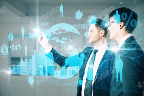 Preview: Caucasian Businessmen Drawing Abstract Digital Interface With Business Charts And Hr Icons