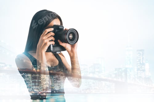 Preview: Young Female Taking Picture With Professional Camera On Abstract City Background. Double Exposure