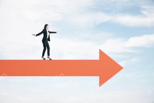 Preview: Red Arrow With Standing Businesswoman On Blue Sky Background. Growth And Forward Concept