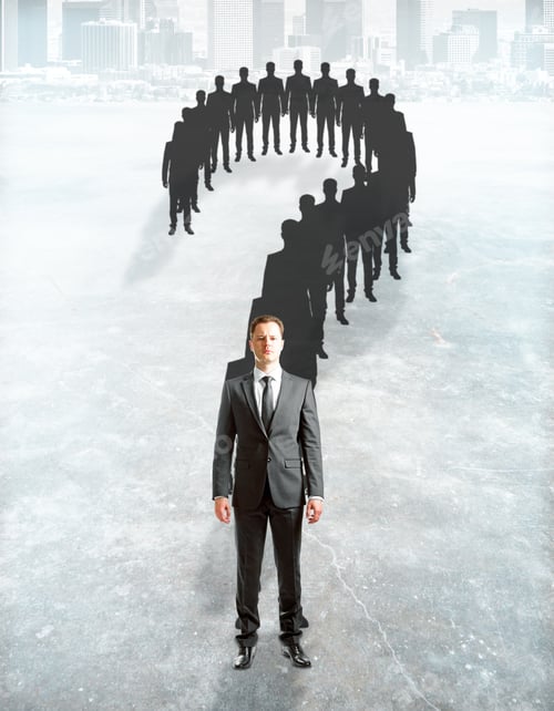 Preview: Question Mark Made Of Businessmen Silhouettes On Concrete City Background