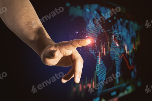 Preview: Close Up Of Businessman Hand Pointing At Abstract Blue Business Forex Chart And Map Interface On