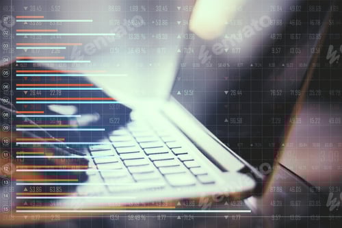 Preview: Close Up Of Hands Using Laptop With Creative Forex Chart On Blurry Desktop Backround With Lines