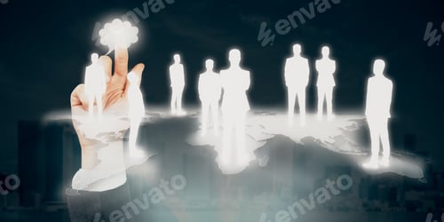 Preview: Hand Pointing At Abstract Businessmen Silhouettes Standing On Map. Light City Background