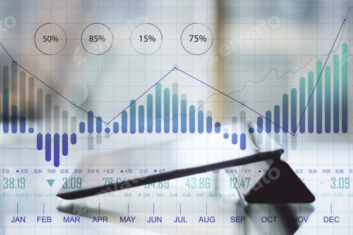 Preview: Close Up Of Tablet On Desktop With Reflections And Abstract Forex Chart Hologram. Analytics And