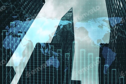 Preview: Falling Stock Chart With Digital World Map On Blurry City Background. Trade And Investment Concept