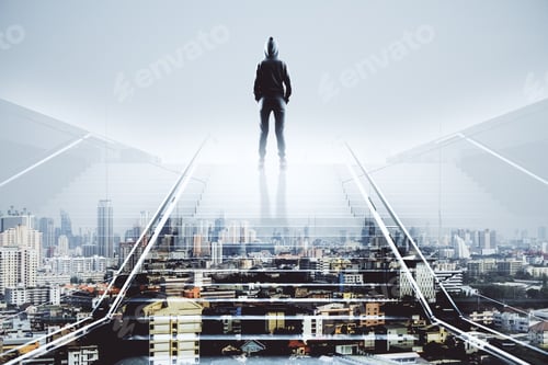 Preview: Hacker Back Silhouette Standing On The Top Of Transparent Stairs And Looking At City