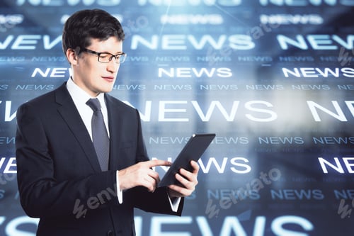 Preview: Online News Concept With Businessman Touching Digital Tablet Screen On Virtual Media Wall With News