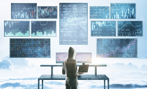 Preview: Hacker Looking At Abstract Financial Interface On Bright Sky With Clouds Background. Finance And